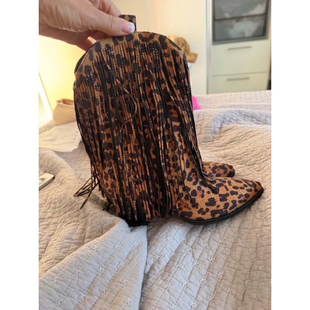Ouepiano Womens Cowboy Boots Size 8.5 Leopard  Rhinestone Fringe Coachella New - Picture 12 of 16